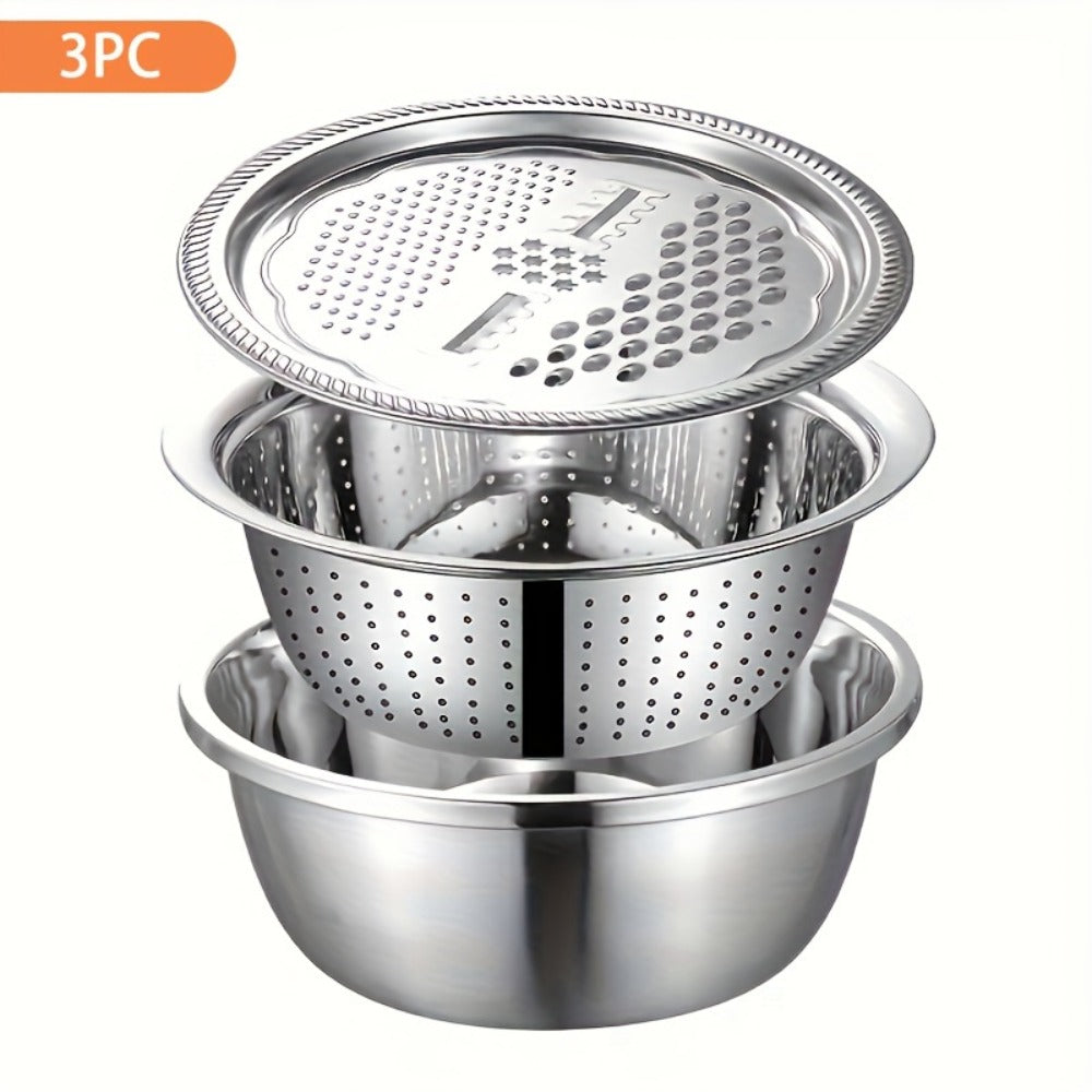 Stainless Steel Kitchen Bowl Set 3 Piece with Integrated Grinder, Colander Filter and Mixing Bowl, Multifunctional Fruit Vegetable Washing Prep Bowl with Drainage System for Slicing Cheese Salad