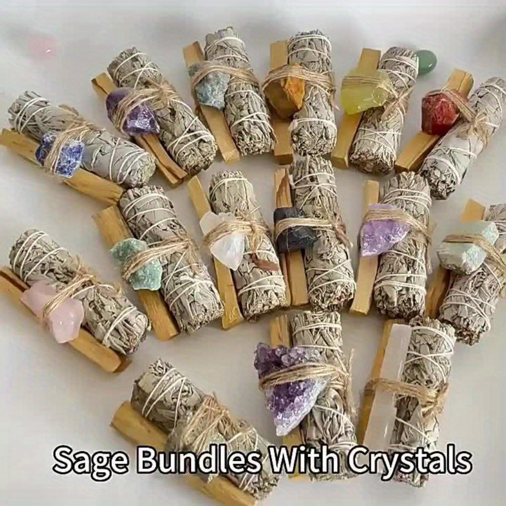 Natural Crystal White Sage Smudge Set for Space Cleansing Home Rituals Meditation Decor Teacher Appreciation Easter Gift Random Crystal