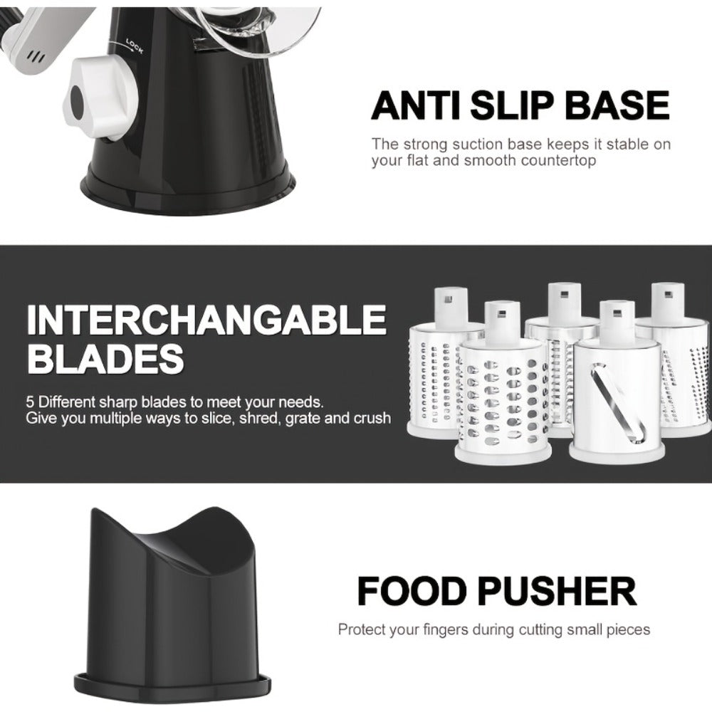 Rotary Cheese Grater with Hand Crank ¨C 3 Interchangeable Blades for Cheese, Vegetables & Nuts, Non-Slip Suction Base, Includes Cleaning Brush ¨C Manual Cheese Shredder for Kitchen (6 Colors)