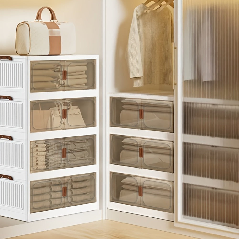 Foldable Storage Cabinet with Door ¨C Multi-Layer Stackable Storage Box for Shoes, Clothes & Books | Large Closet Organizer for Bedroom, Bathroom, Kitchen, Office & Wardrobe