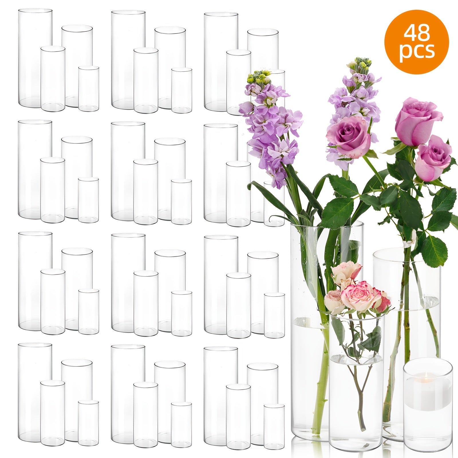 Clear Glass Cylinder Candle Holder Vases 12/24/36/48 Pcs | 4 6 8 10 Inch Tall Hurricane Floating Candle Vase | Wedding Centerpiece Table Decor | Party Home Shelf Decoration Glass Vase Bulk Set