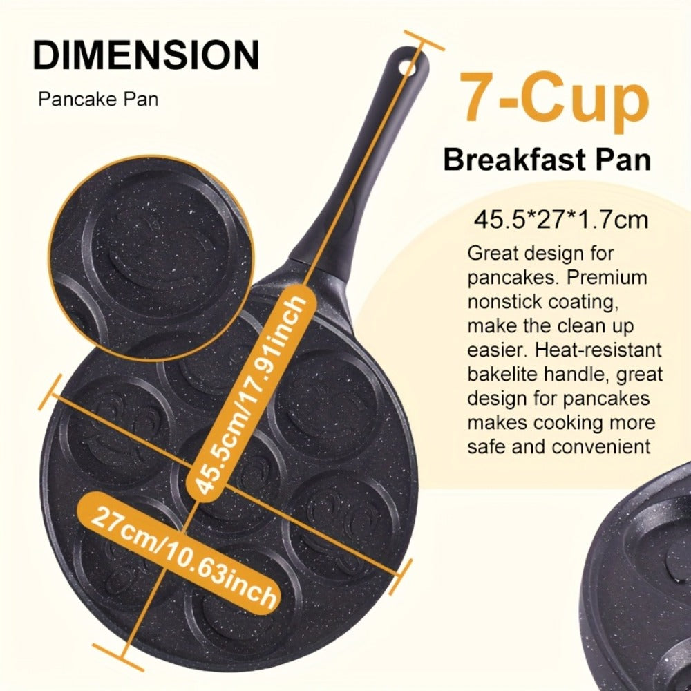 7-Hole Non-Stick Pancake Pan Smiley Face ¨C Aluminum Alloy Breakfast Maker with Detachable Handle for Gas Stove | Oven & Dishwasher Safe Crepe Waffle Egg Mold Cooking Pan Even Heat Distribution Black
