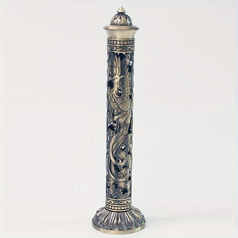Incense Stick Holder Metal Retro Vertical Design, Dragon & Phoenix Heart Sutra Motif Brass Incense Burner Stand, Home Office Altar Meditation Ceremony Decoration Gift