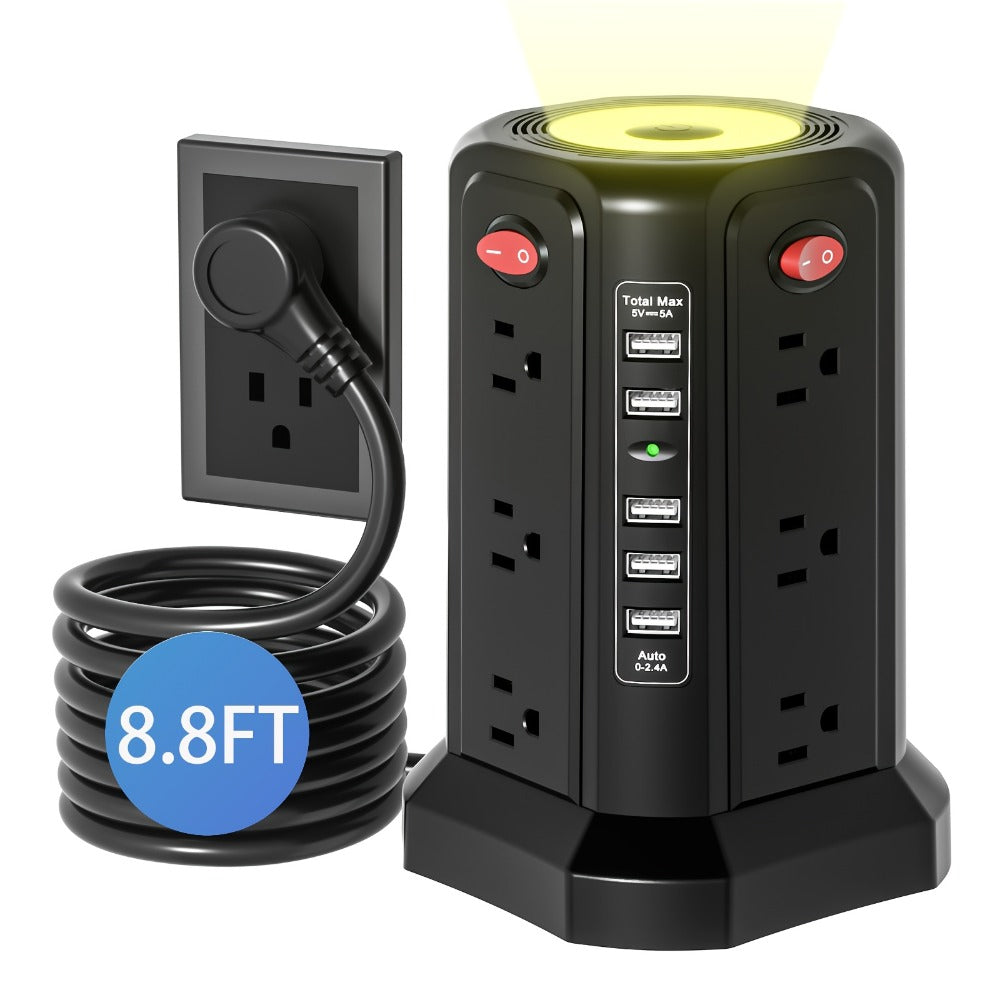 Surge Protector Power Strip Tower with 12 AC Outlets 5 USB Ports 8.8FT Extension Cord Night Light 4 Individual Switches Overload Protection for Home Office Desk Dorm Room