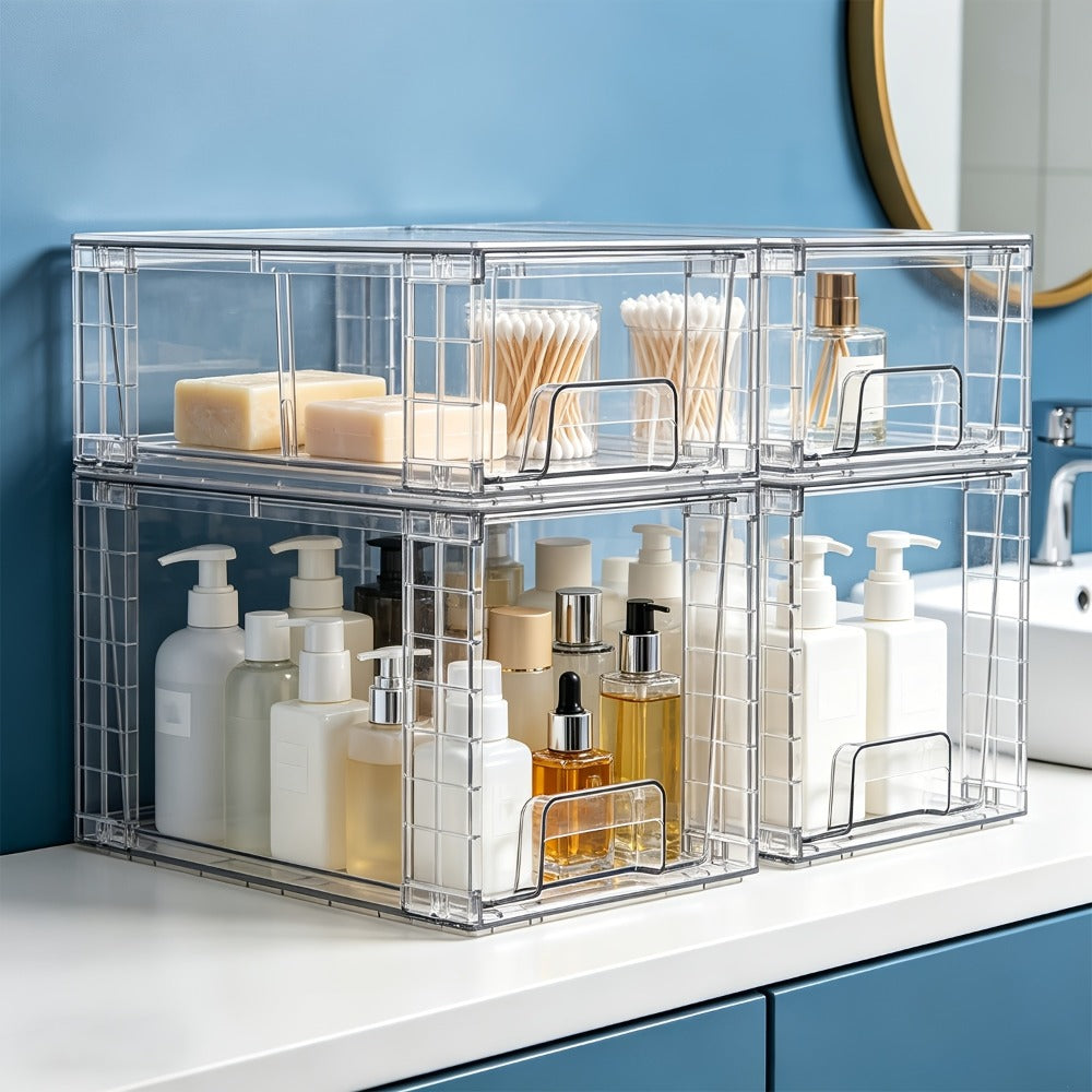Clear Stackable Storage Bins with Lids & Handles 3 or 4-Piece Set | Plastic Organizer Drawers for Under Sink Pantry Cabinet Closet | Kitchen & Bathroom Storage for Cosmetics Cleaning Supplies Food