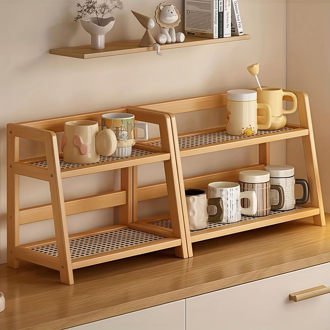 Bamboo Countertop Shelf Organizer 2-Tier - Trapezoidal Wooden Storage Rack for Kitchen Office Bedroom and Desk, Space Saving Riser Shelf for Coffee Cups Books Plants and Everyday Items, Available in Medium, Large or 2 Piece Set