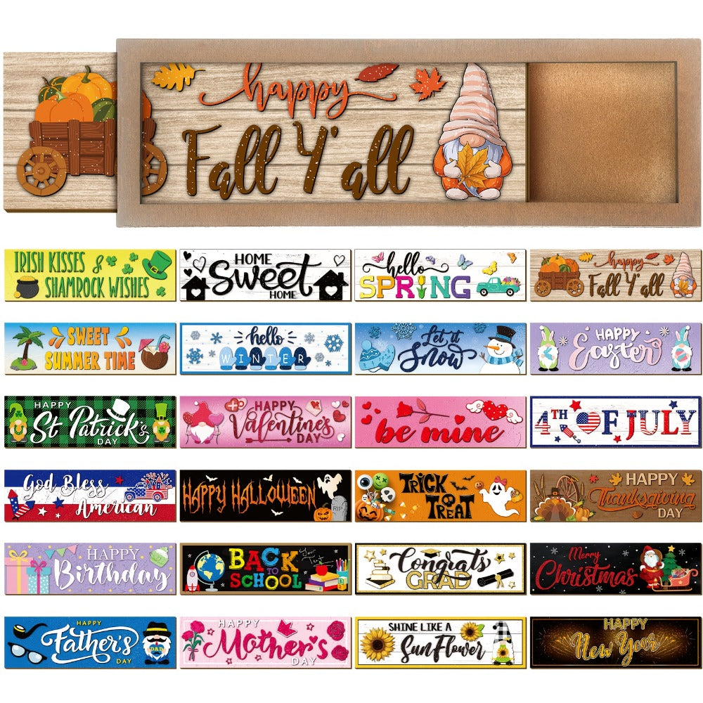 Interchangeable Seasonal Wood Welcome Sign 25-Piece Set ¨C Wooden Frame Table Decor with Swappable Holiday Signs for Fall, Thanksgiving, Halloween & Autumn Wreath Decoration