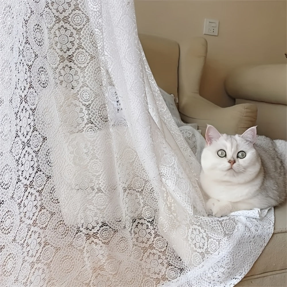 Sheer Chiffon Curtain French Retro Lace Embroidered White Voile Rod Pocket Panel | Living Room Bedroom Room Divider | Boho Cottagecore Romantic Window Drape 145x114 145x183 145x244cm