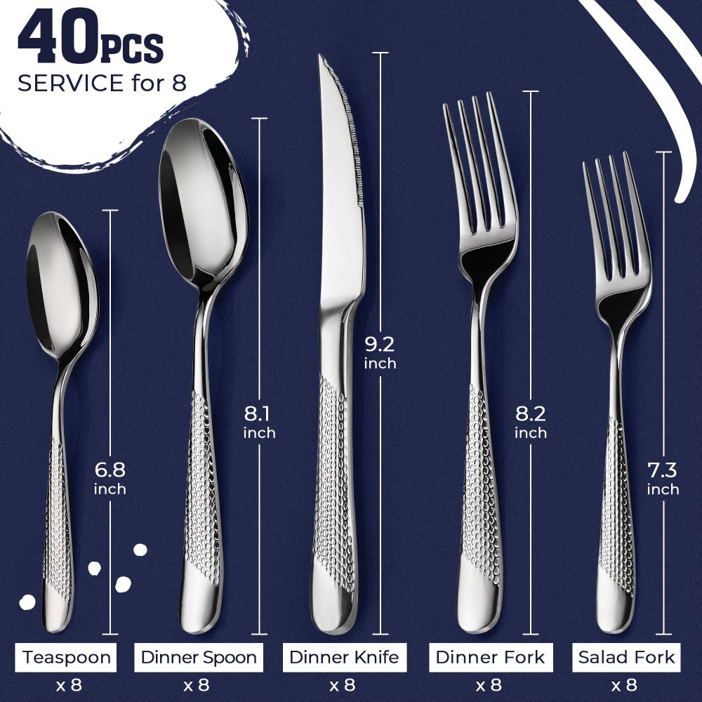 Stainless Steel Flatware Set 40/48 Piece ¨C 304 Silverware Set for 8 Hammered Mirror Polished Rose Gold Cutlery with 2-in-1 Serrated Knife Dishwasher Safe Modern Utensils for Home Restaurant Wedding
