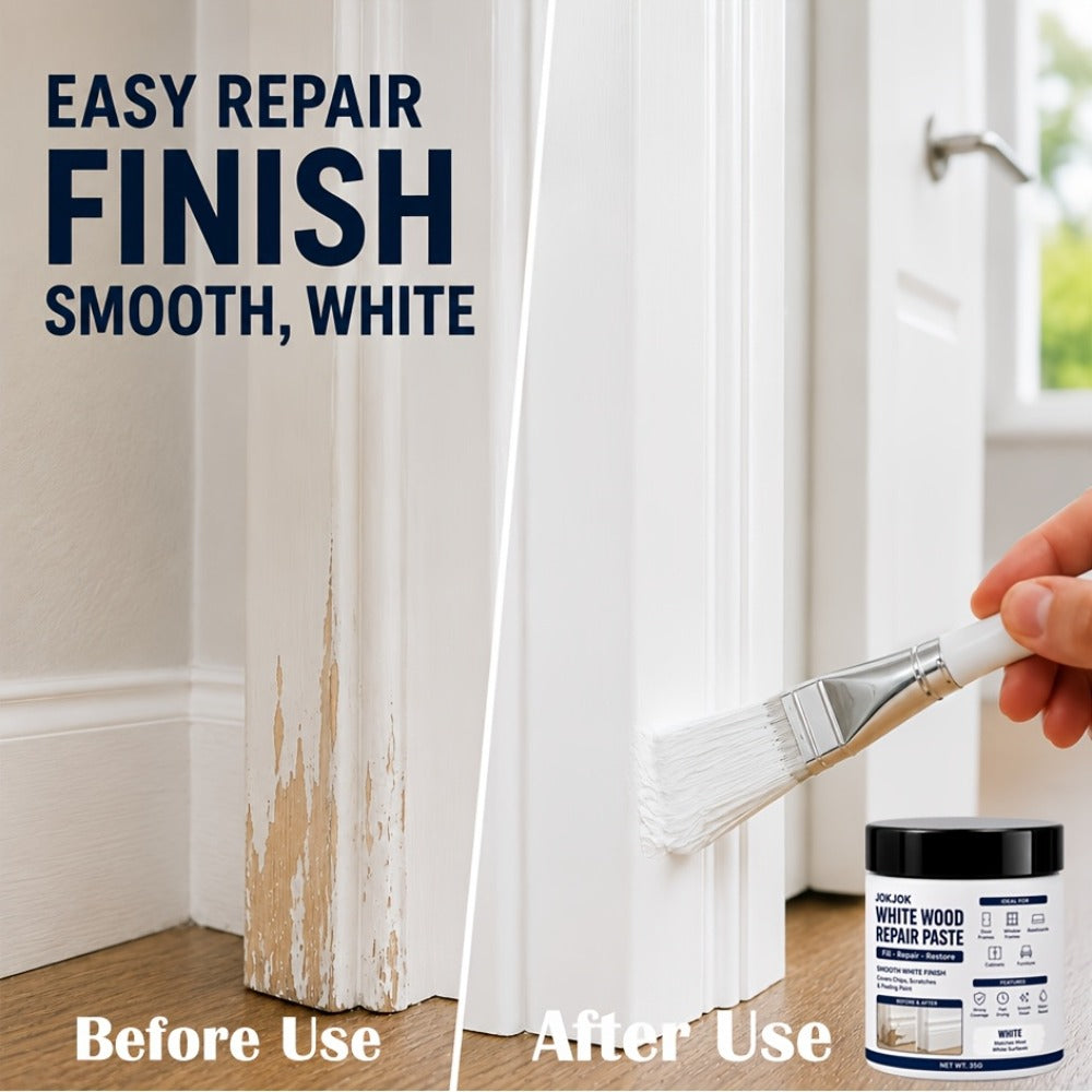 Wood Repair Filler Paste - White Trim Repair for Door Frames, Window Frames, Baseboards & Cabinets - Covers Scratches, Chips & Peeling Paint - Fast Drying Water-Based Formula