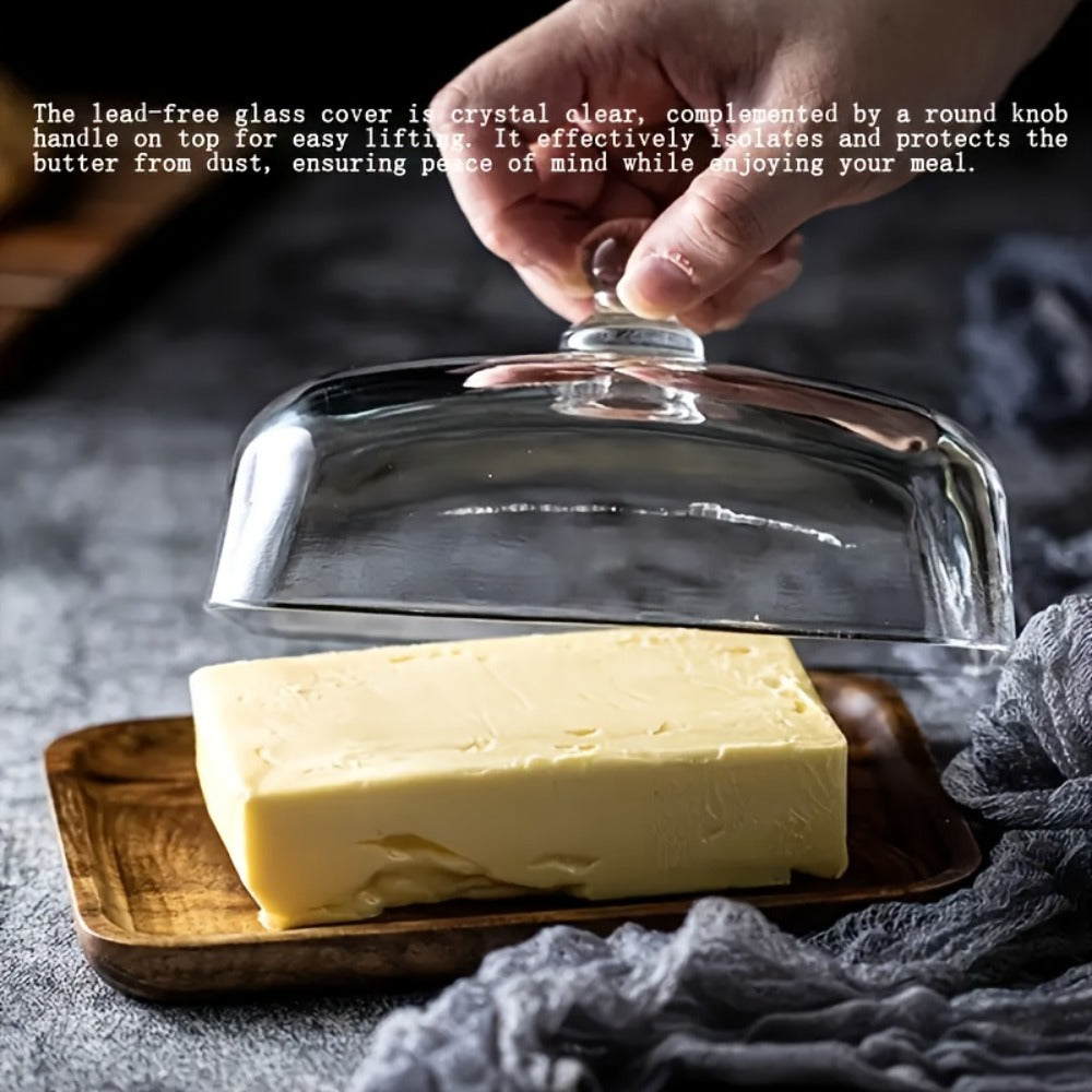 Wooden Butter Dish with Glass Lid | Retro Multifunctional Serving Tray for Cakes Fruits Snacks Desserts Weddings Parties Kitchen Countertop Display
