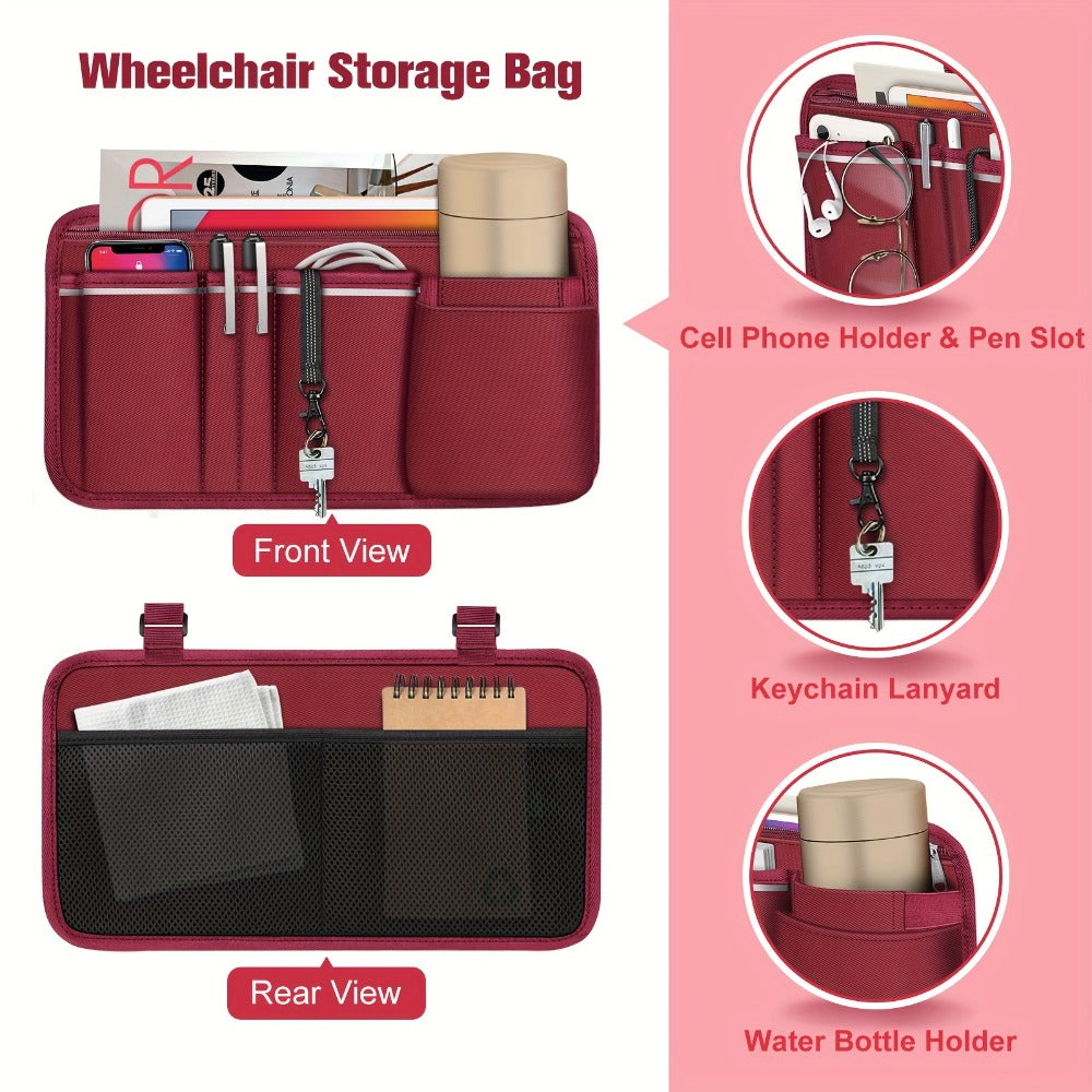 Wheelchair Bag Side Storage with Cup Holder Reflective Strips 8 Pockets 14x7.5 Inch for Electric Power Wheelchairs Walkers Rollators Accessories for Seniors