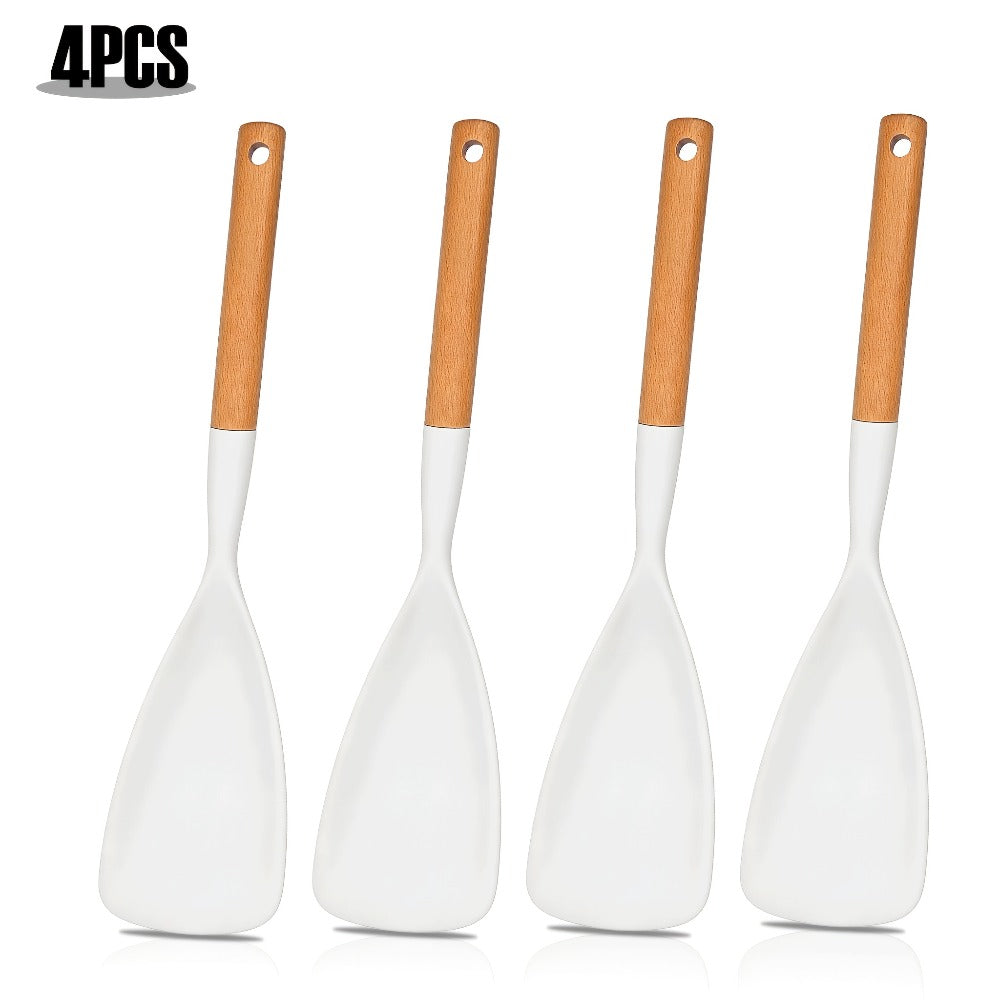 Silicone Kitchen Utensil Set 2/4 Pcs ¨C 12-Inch Wood Handle Cooking Tools with Stay-Cool Grip for Frying, Baking, Mixing & Serving, Non-Stick Cookware Safe Spatula & Spoon Kit