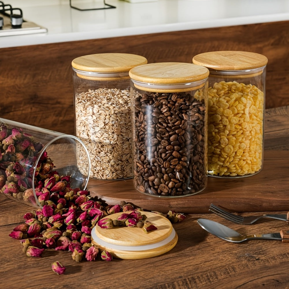 Glass Food Storage Containers Set of 6 with Bamboo Lids & Labels, 32oz Airtight Clear Glass Jars for Pantry Kitchen ¨C Flour Sugar Tea Coffee Spice Herbs