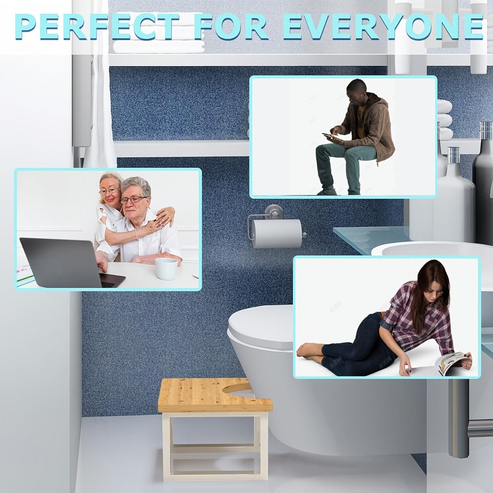 Squat Toilet Stool with Non-Slip Bamboo Surface - Ergonomic Bathroom Foot Rest for Adults, 400 LBS Capacity, Wide Stable Base, 7-Inch Height, Stain & Crack Resistant, Fits Most Toilets, White & Black