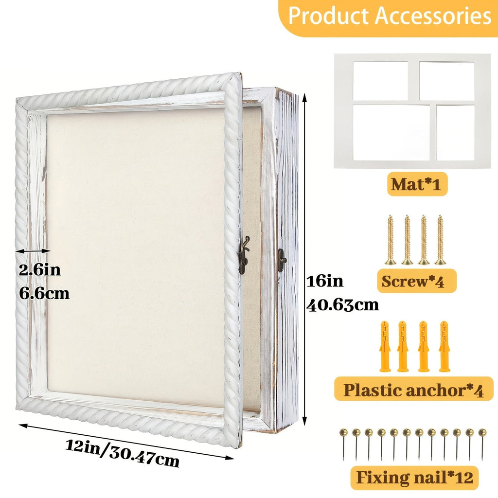 Shadow Box Frame with Linen Back ¨C Large Rustic Memory Display Case 11x14 & 12x16 Inch for Photos, Medals, Coins, Pins, Flowers & Collectibles, 4 Removable Shelves, Black White Brown