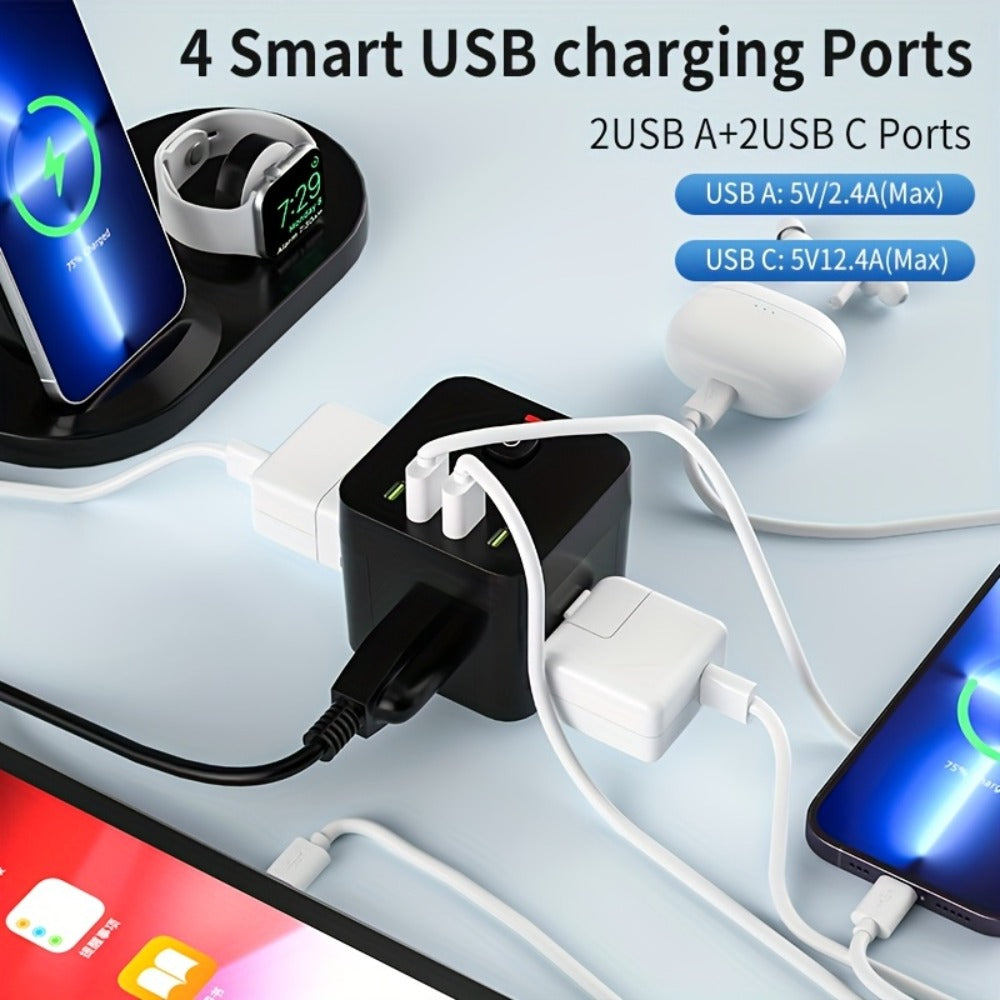 Surge Protector Power Socket 4 Side Outlets 2 USB-A 2 USB-C Overload Protection Power Off Switch Multifunctional for Living Room Kitchen Bathroom Bedroom Office Black