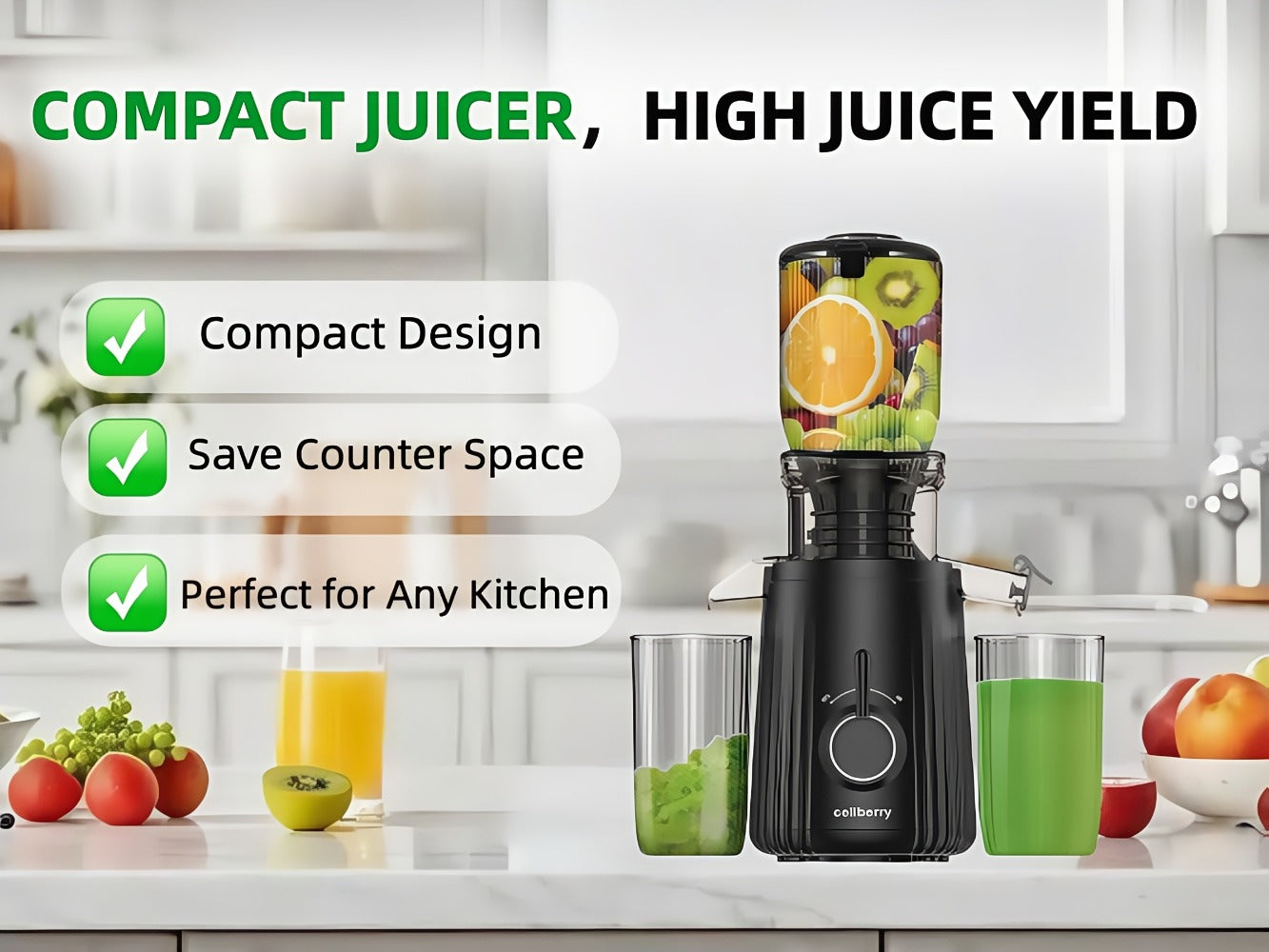 Masticating Juicer Cold Press - 4.25¡± Wide Feed Chute Auto-Feed Slow Juicer for Whole Fruits & Vegetables, 98% Juice Extraction, Quiet Motor, Easy to Clean, Compact for 1-2 People, Multiple Colors