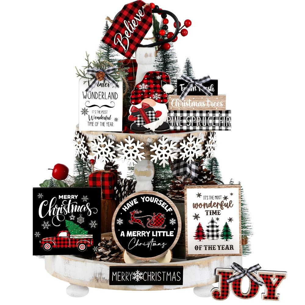Tiered Tray Decor Set 15/20pcs Winter Christmas Farmhouse Wooden Signs - Buffalo Check Snowflakes Trees Dwarfs Trucks Valentine Easter Holiday Table Display Decorations