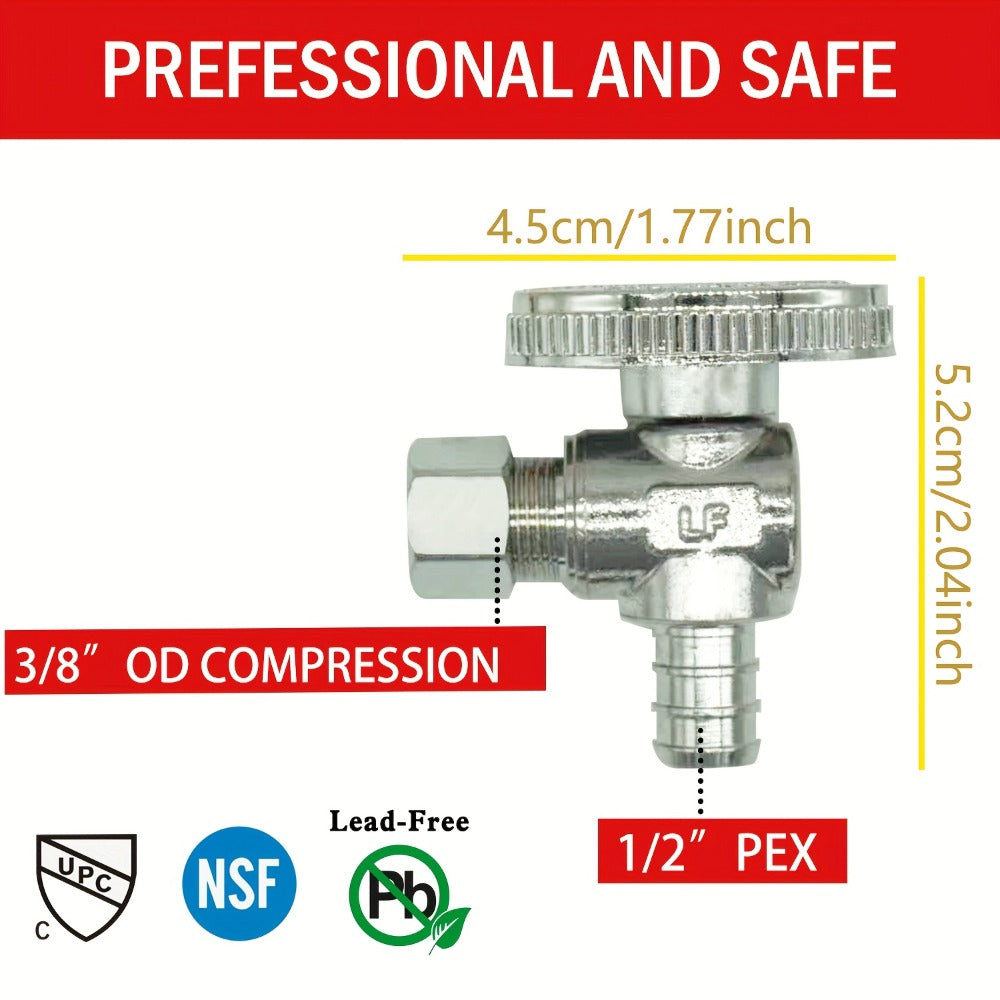 PEX Angle Stop Valve 5pcs - 1/2¡± PEX x 3/8¡± OD Compression, 1/4 Turn Shut-Off Valve, Lead-Free Chrome Brass, ASTM F1807 NSF/ANSI 61 Certified, for Bathroom Toilet Sink Plumbing