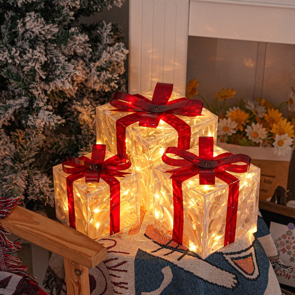 Christmas Light-Up Gift Boxes Set of 3 ¨C USB & Battery LED Warm White Lighted Decorations with Timer, 8 Lighting Modes, Red Bow, Indoor Outdoor Holiday Home Decor