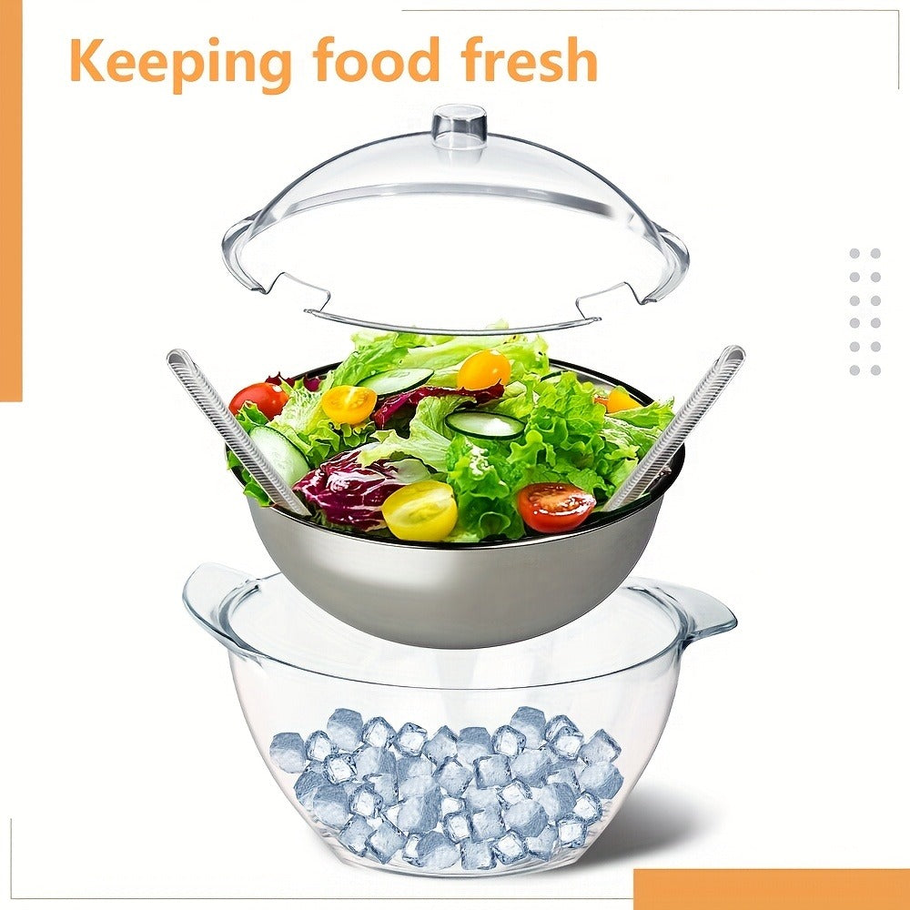 Stainless Steel Ice Chiller Salad Bowl with Lid and Serving Spoons ¨C Large Refrigerated Veggie Fruit Tray with Ice Chiller Base for Party Entertaining Buffet Outdoor Picnic Food Display