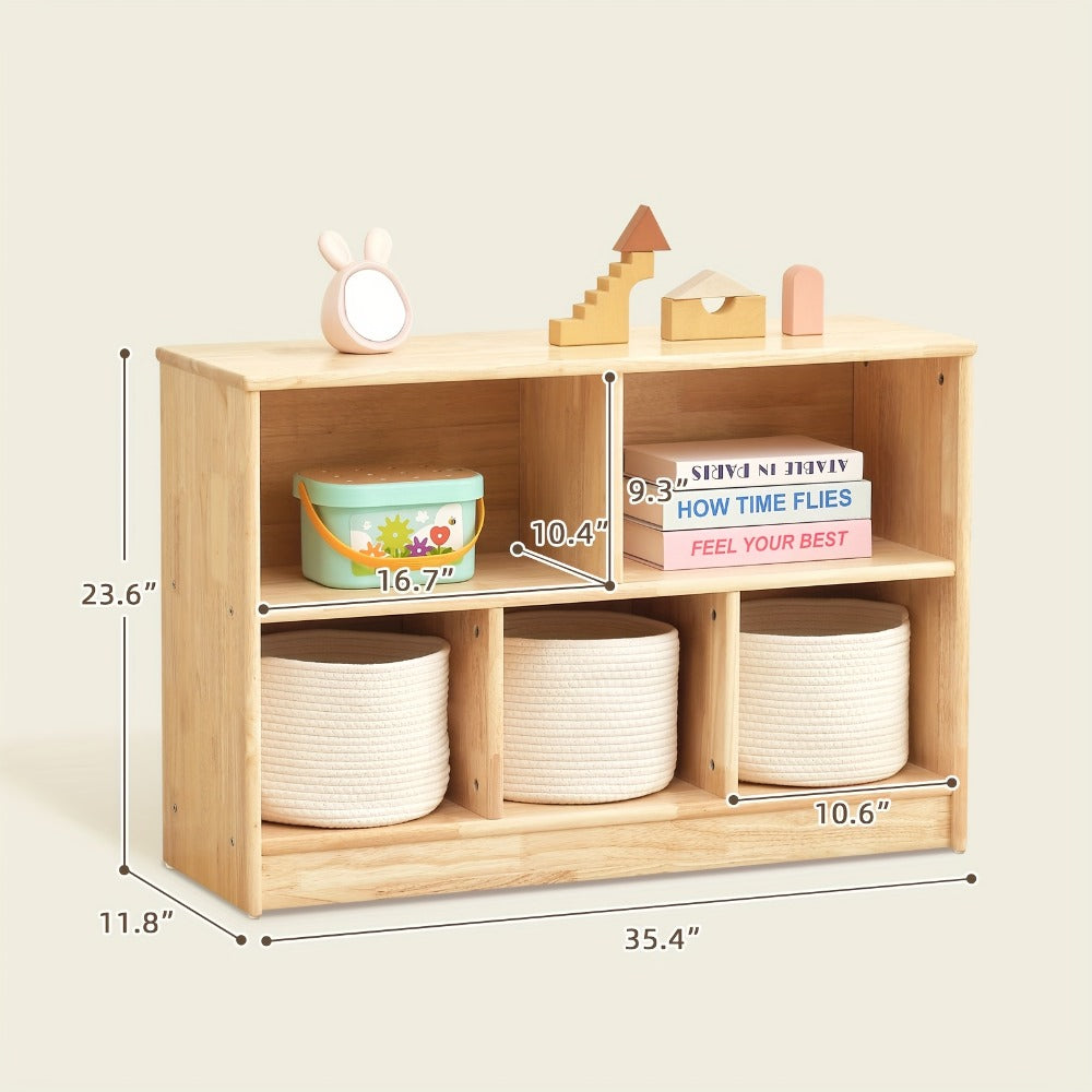 Rubber Wood 5-Compartment Bookshelf 35.4¡± ¨C 2-Tier Wooden Storage Cabinet for Classroom, Playroom & Preschool | Kids Book Organizer Shelf for Daycare, Bedroom & Living Room | 5-Section Display Rack