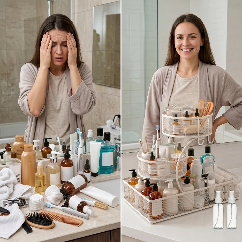 Bathroom Storage Rack 3-Tier Metal Countertop Organizer with Spray Bottle & Hooks ¨C Rust-Resistant Diamond Mesh Shelf for Vanity, Skincare, Cosmetics & Toiletries