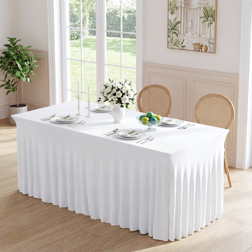 Spandex Table Skirt for Rectangle Tables 6ft, Black White Stretch Table Cover for Events Weddings Banquets, Washable Wrinkle Resistant