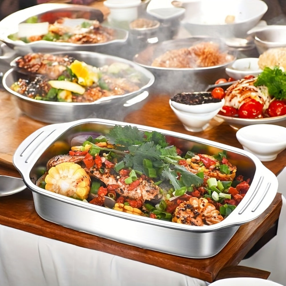 Stainless Steel Deep Baking Tray with Lid 4-Piece Set, 1.59 Gallon Rectangular Roasting Pan with Handle Lids, 16-Inch Dishwasher Safe Deep Tray for Fish BBQ Spaghetti, 2 Trays + 2 Lids