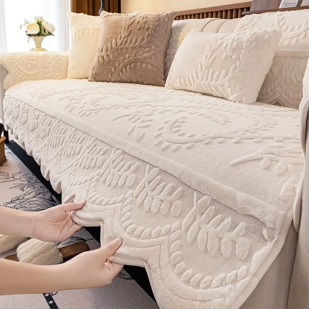 Faux Rabbit Fur Plush Sofa Cover Non-Slip | Thickened Quilted Couch Cushion, Machine Washable Pet Friendly, 1 to 4 Seat Armrest Backrest, White Light Grey Brown, Home Winter Decor
