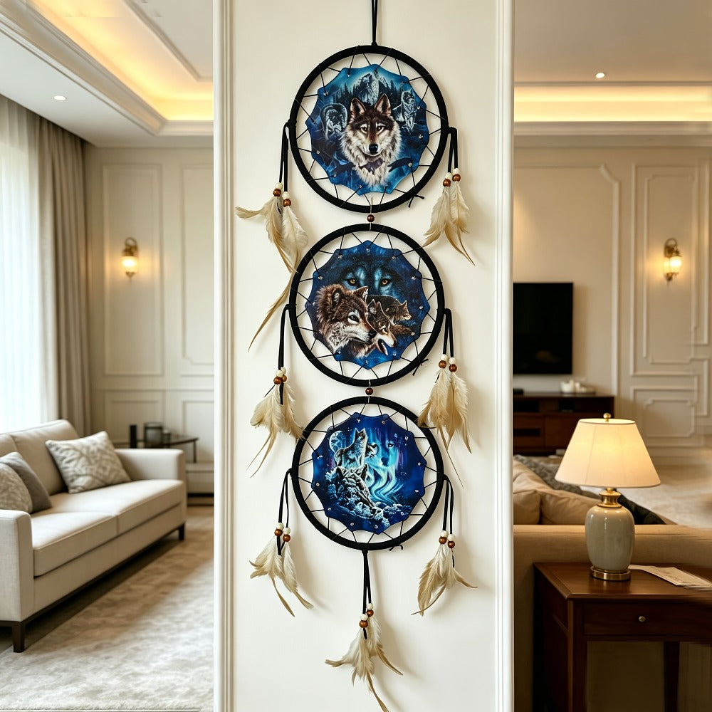 Dream Catcher Wall Decor Wolf Design Boho Bedroom Hanging Decoration ¨C 6 Inch 3-Circle Feather Dream Catcher for Boys Kids Room, Nursery, Halloween, Christmas & Holiday Gift