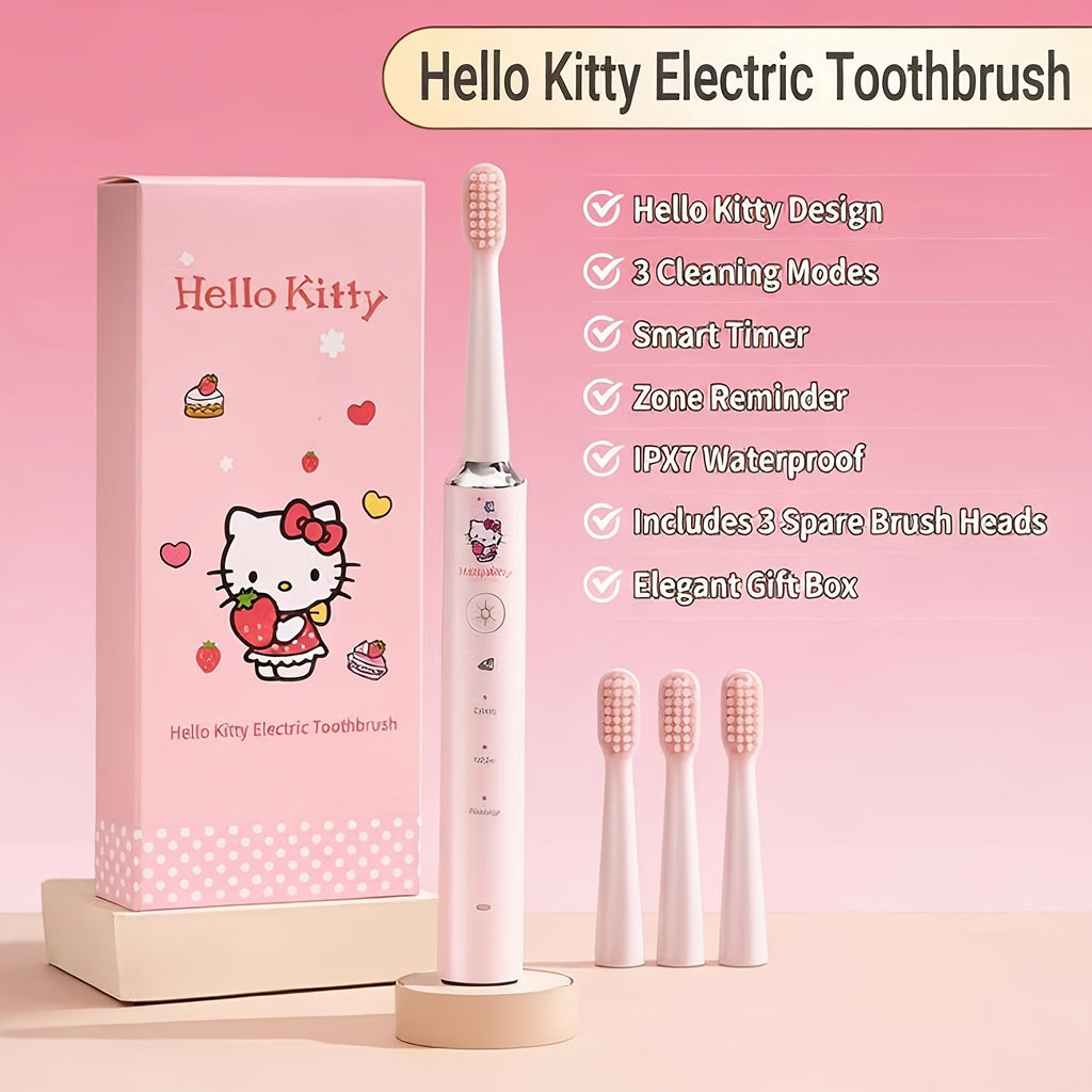 Sanrio Electric Toothbrush Hello Kitty & Pochacco - 4 Cleaning Modes, 4 Intensity Levels, 3 Replacement Brush Heads, 2-Minute Smart Timer, Cute Design Gift for Girls, Birthday, Graduation, Christmas