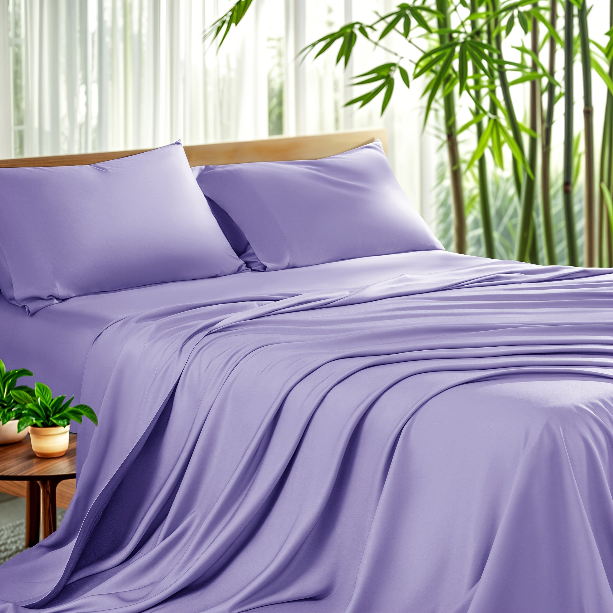 Bamboo Sheet Set 4pcs Cooling Deep Pocket Wrinkle Resistant Bedding All-Season Fitted Flat Sheet 2 Pillowcases Gift Box