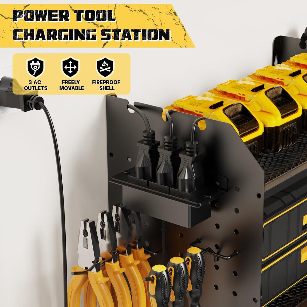 Power Tool Organizer Wall Mount with Charging Station | 3-Layer Cordless Drill Holder Storage Rack 45.5 Inch Heavy Duty ¨C Adjustable Garage Tool Shelf for Workshop & Tool Room