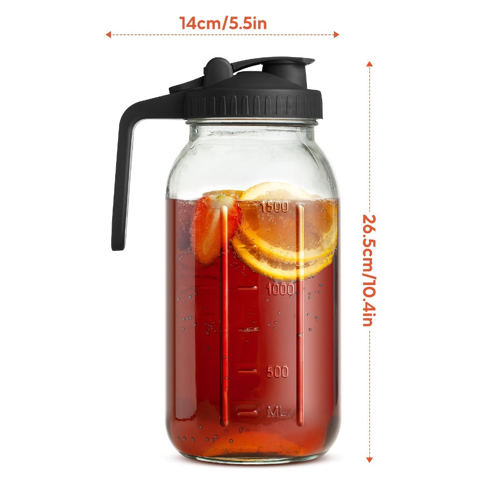 Mason Jar Pitcher 64oz Wide Mouth Glass Pitcher with Pour Spout & Handle ¨C 2 Pack Leak Proof Iced Tea Pitcher for Fridge, Coffee Creamer, Sun Tea & Juice