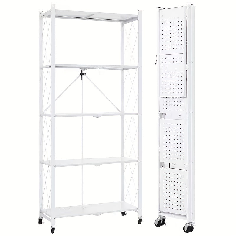 Rolling Storage Rack with Wheels 3 4 5 Tier Folding Shelving Unit No Assembly Required, Freestanding Metal Shelf Organizer for Kitchen Living Room Garage Office Basement, Black White