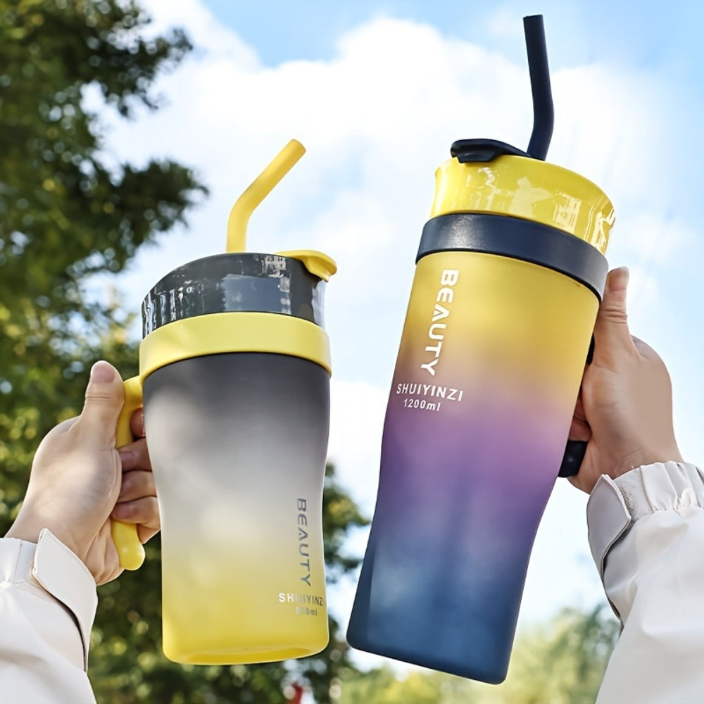 Tumbler Set 3pcs Gradient Color Frosted Plastic Water Cup with Straw Double Drinking Large Capacity Car Handle Cup 10oz 27oz 40oz 300ml 800ml 1200ml for Travel Gym Car Office Black and White