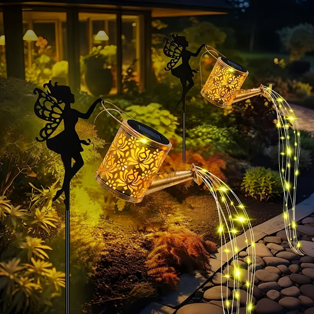 Solar Watering Can Lights 2pcs Garden Waterfall, IP65 Waterproof Hanging Solar String Lights with Ground Plug for Outdoor Lawn, Patio & Holiday Decor, Christmas Garden Gift