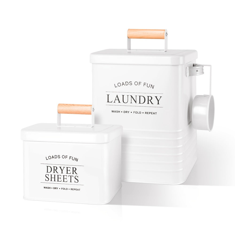 Laundry Pod Container & Dryer Sheet Holder Set with Scoop ¨C Metal Farmhouse Laundry Room Organizer, Detergent Dispenser & Soap Storage