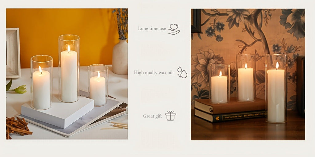 Pillar Candles with Clear Glass Hurricane Holders ¨C Unscented White Cylinder Candles & Vases for Wedding Centerpieces, Party Tables, Home & Office Decor, Bulk Set 24 or 48 Pieces