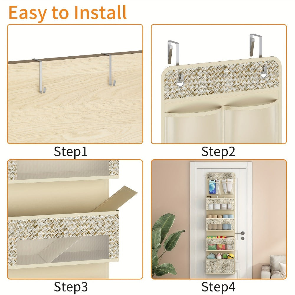 2-Pack Over-The-Door Hanging Organizer with 5 Shelves & 4 Clear Pockets ¨C Beige Rattan Storage Rack for Closet, Bedroom & Bathroom
