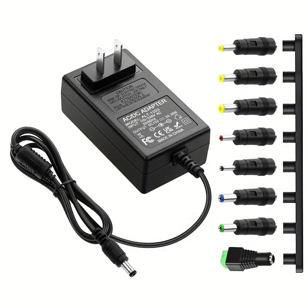 12V 3A DC Power Adapter 36W with 10 Interchangeable Tips - Universal AC 100-240V Input, Short Circuit & Overvoltage Protection, Stable Output for CCTV Camera, LED Strip, Router, TV Box & More