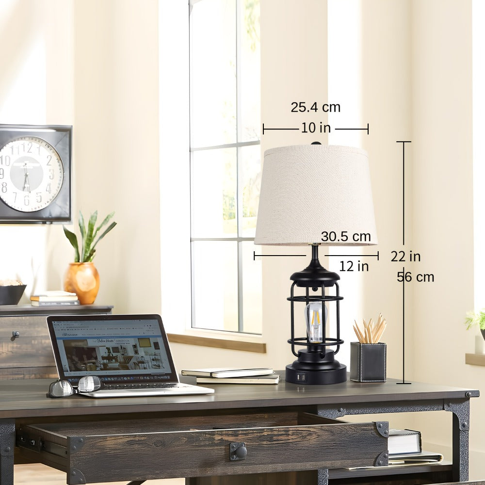 Farmhouse Table Lamps Set of 2 with 4 LED Bulbs | Touch Control 3-Way Dimmable Nightstand Lamp Dual USB Ports Natural Linen Shade Metal Black 22 Inch Bedroom Living Room