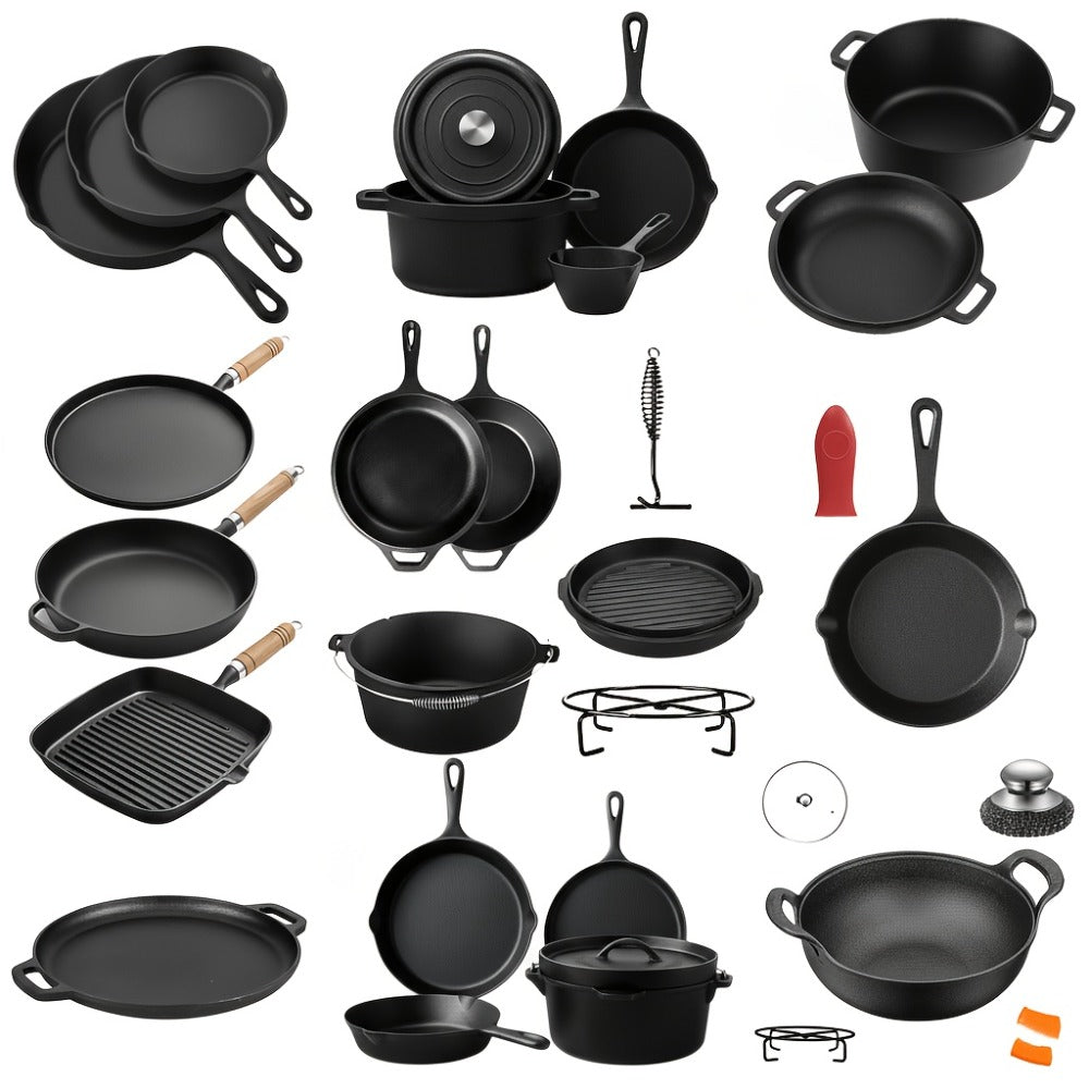 Cast Iron Cookware Set for Kitchen Camping BBQ - Non-Stick Skillet Dutch Pot Frying Pan Baking Tray Griddle Options, Oven Safe Stovetop Campfire Cookware for Home RV Holiday Cooking Multiple Set Choices