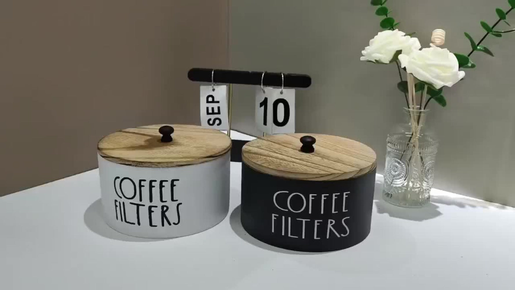 Wooden Coffee Filter Holder with Lid ¨C Large Capacity Rustic Round Organizer Dispenser for Coffee Filters & Tea Bags, Bamboo Lid, Kitchen Countertop Coffee Bar Decor
