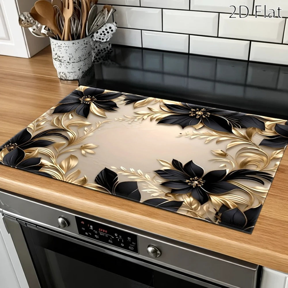 Gas Stove Protector Mat Luxury Black Gold Floral | Heat-Resistant Stain-Proof Cooktop Cover | Reusable for Induction Cooker, Glass Cooktop, Oven & Washer Dryer Top