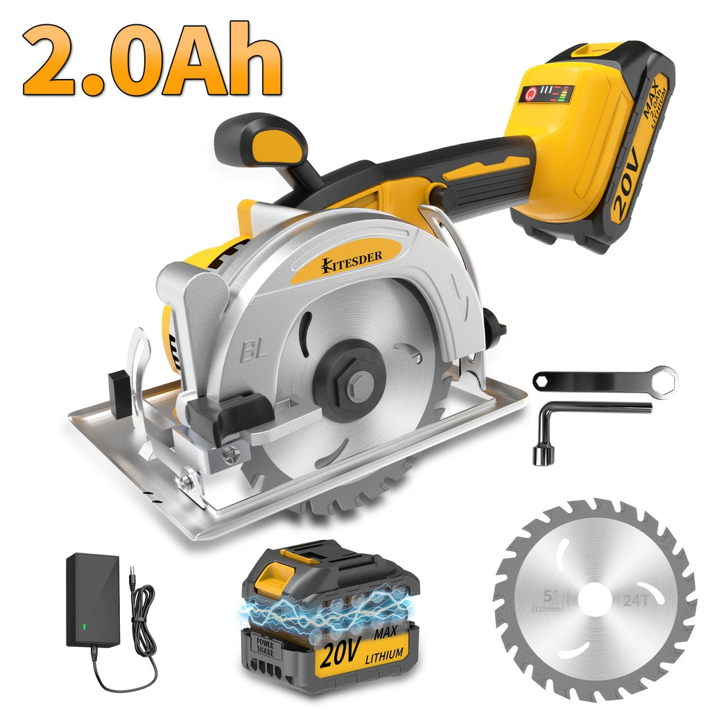 Brushless Circular Saw 5-Inch Kit 6900RPM with Battery & Charger ¨C 45¡ã Bevel Cut, Up to 6 Saw Blades, 2.0AH / 4.0AH Battery Options, Cordless Woodworking Saw for Wood Cutting, Garden & DIY Projects
