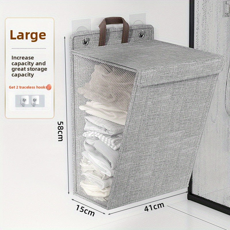 Wall Mounted Laundry Hamper Foldable Oxford Cloth with Lid | Space Saving Clothes Storage Basket for Bedroom Bathroom Living Room | Large 22x15 Inch Multi-Purpose Organizer Gray
