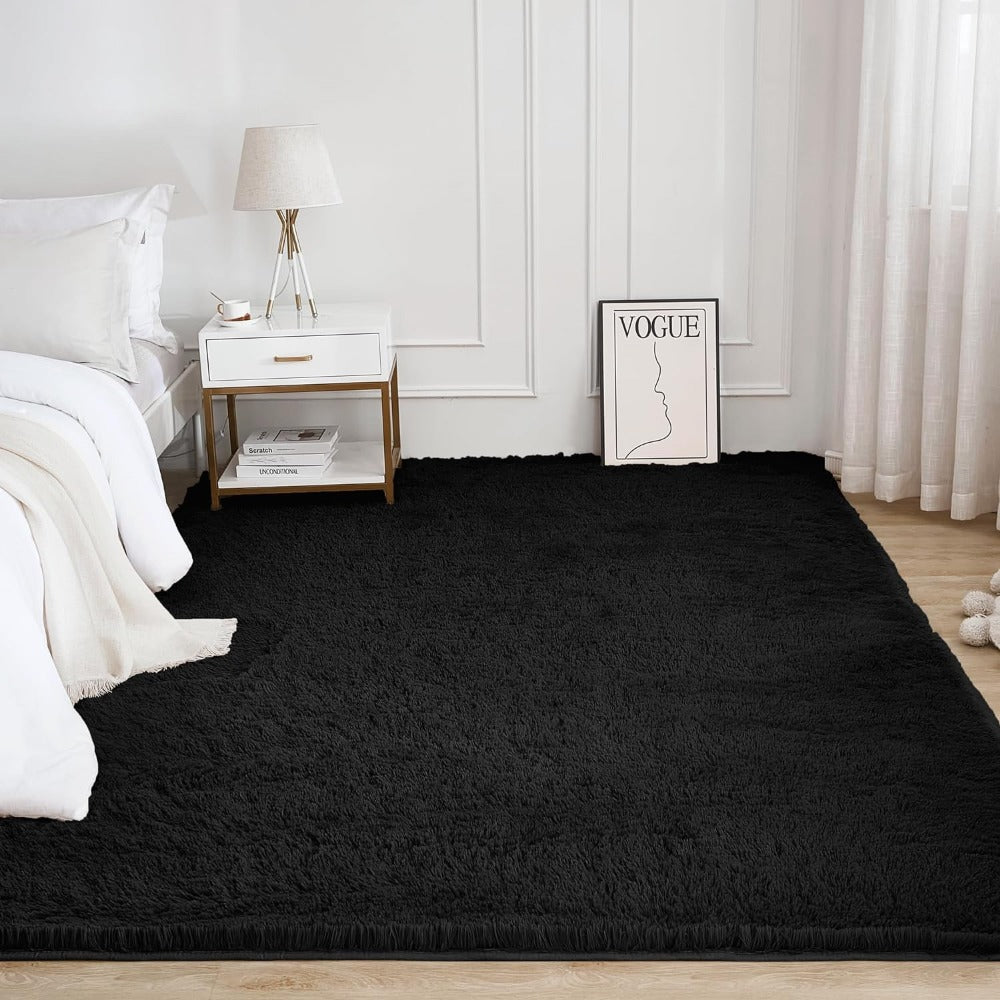 Shaggy Fluffy Area Rug for Bedroom Living Room - Soft Thick Tufted Fuzzy Carpet, Black, Multiple Sizes